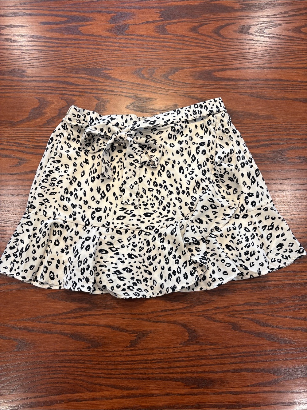 Altar'd State Cream & Black Leopard Ruffle Mini Skirt with Tie Waist